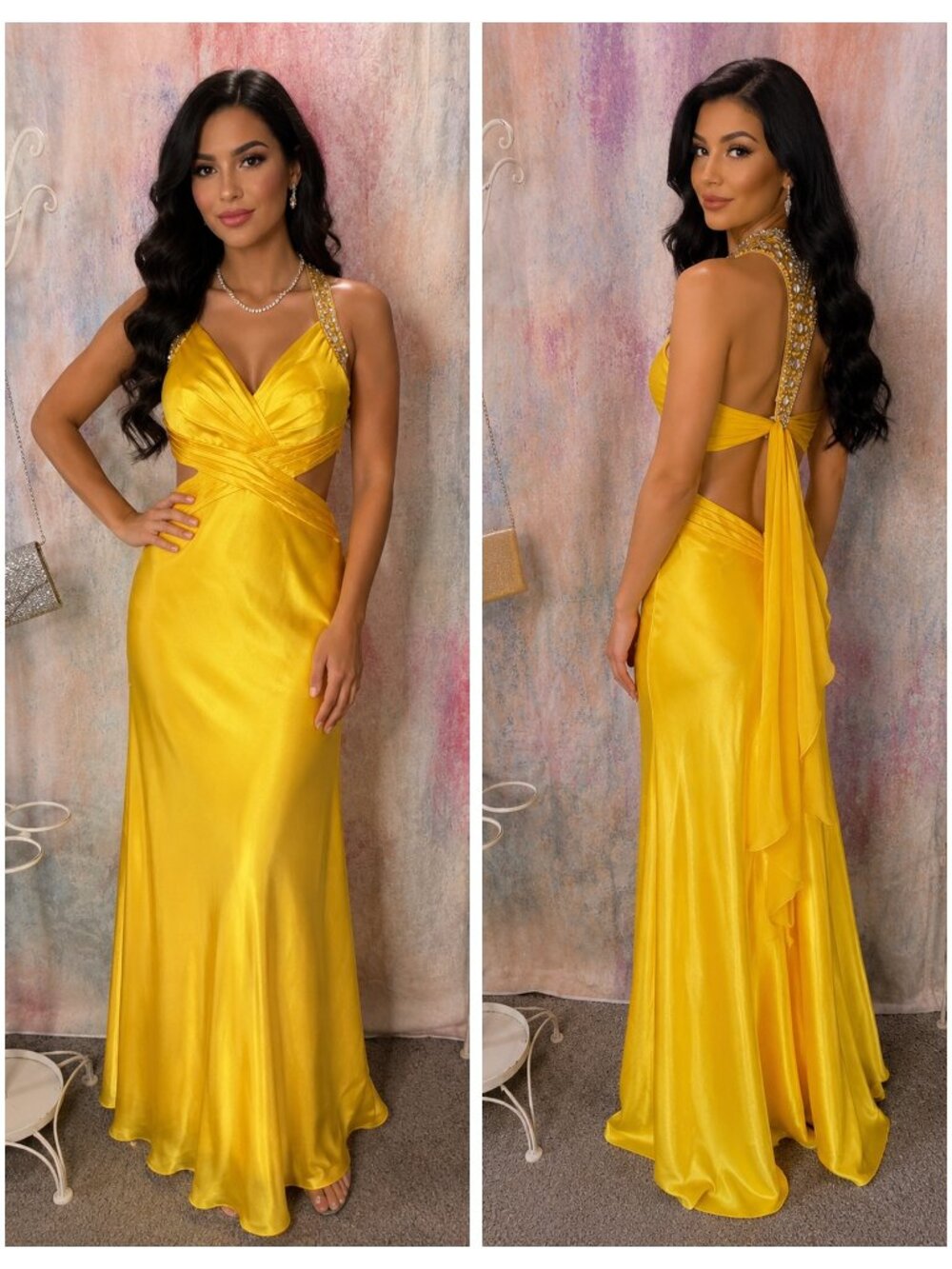 📌Xscape Dramatic Open-Back Design Chiffon Back Cascade Formal - Prom Dress